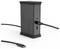 Hub de connexion vertical noir avec câbles et ports connectés, incluant HDMI, USB-A et prise audio, présenté sur un fond blanc.