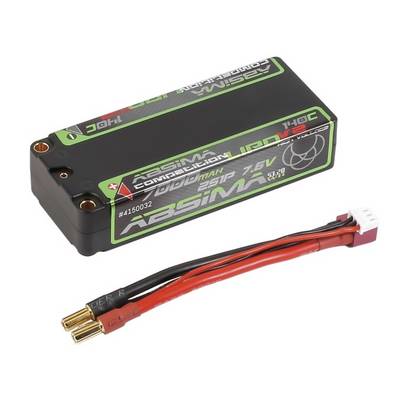 Batterie LiPo ABSIMA Competition 7,6V noire et verte avec câbles de connecteur d'alimentation rouges et noirs.