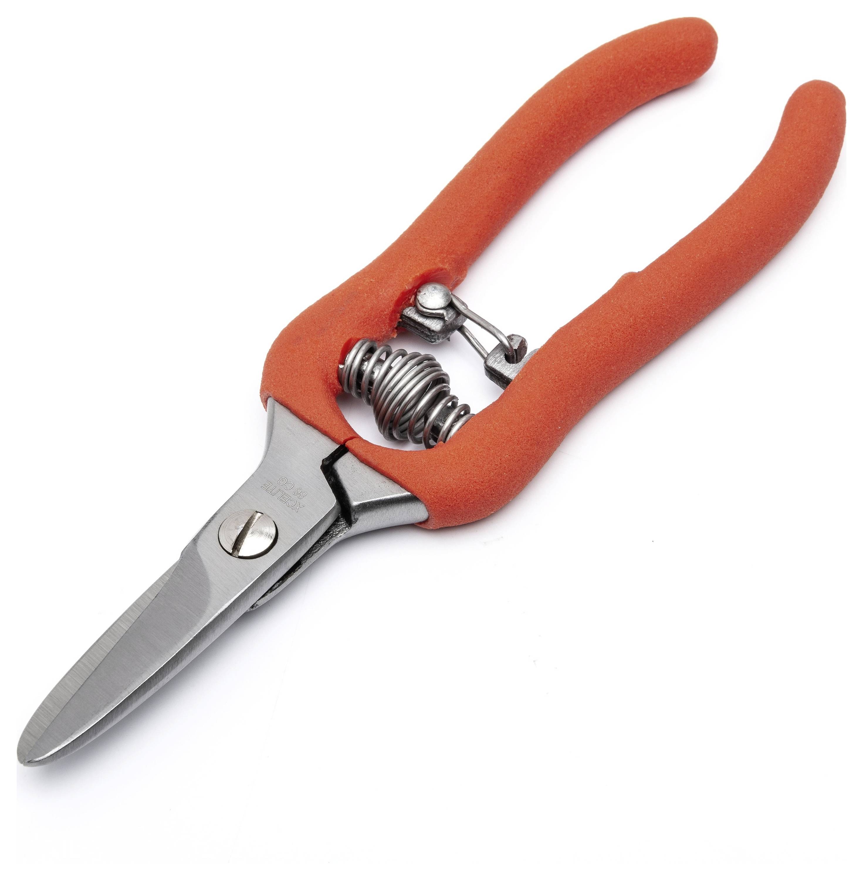 Sécateurs à ressort avec poignées orange et lames en métal, présentés sur un fond blanc.