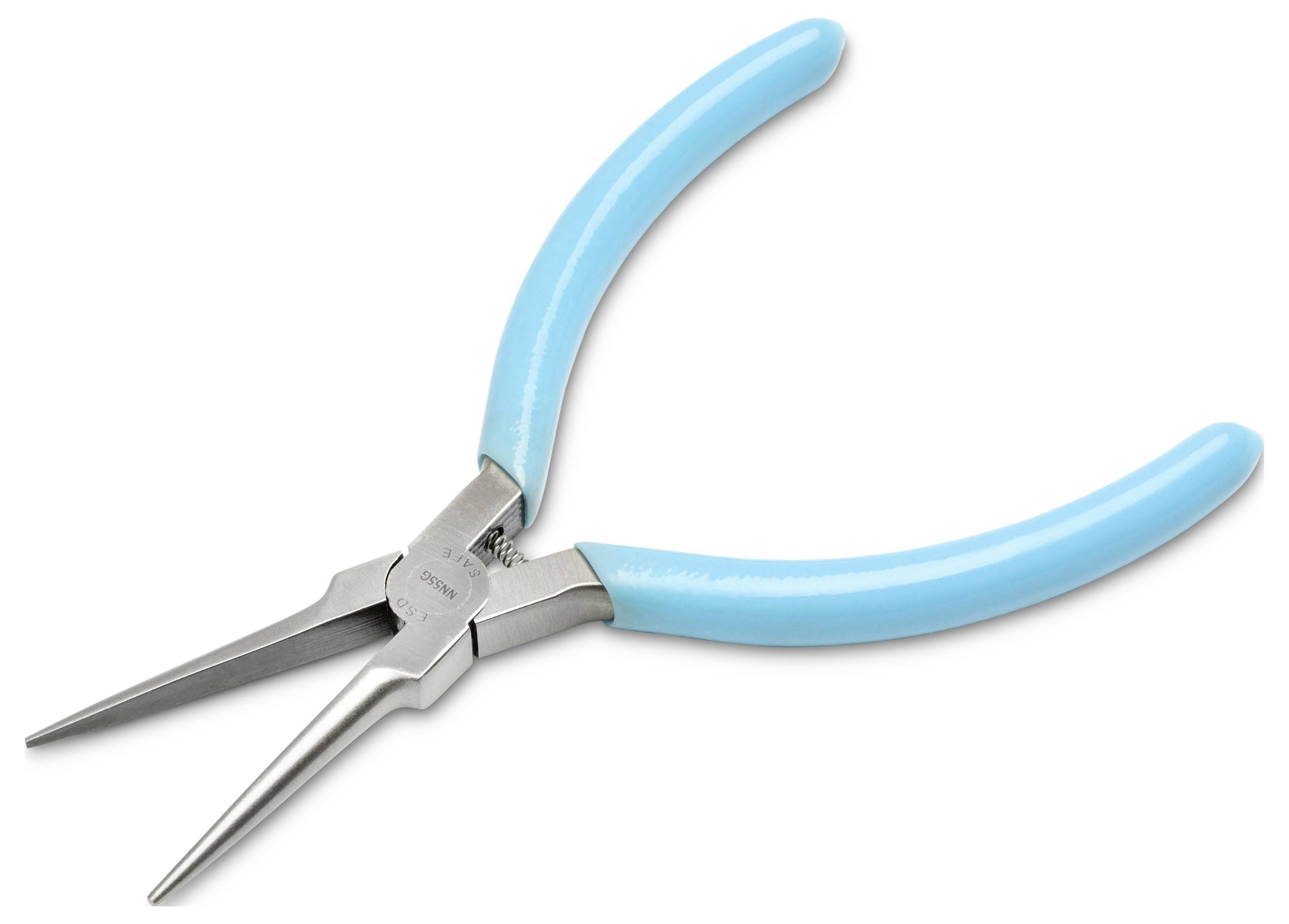 Pince à bec effilé à poignée bleue sur fond blanc, avec les longues mâchoires pointues légèrement ouvertes.