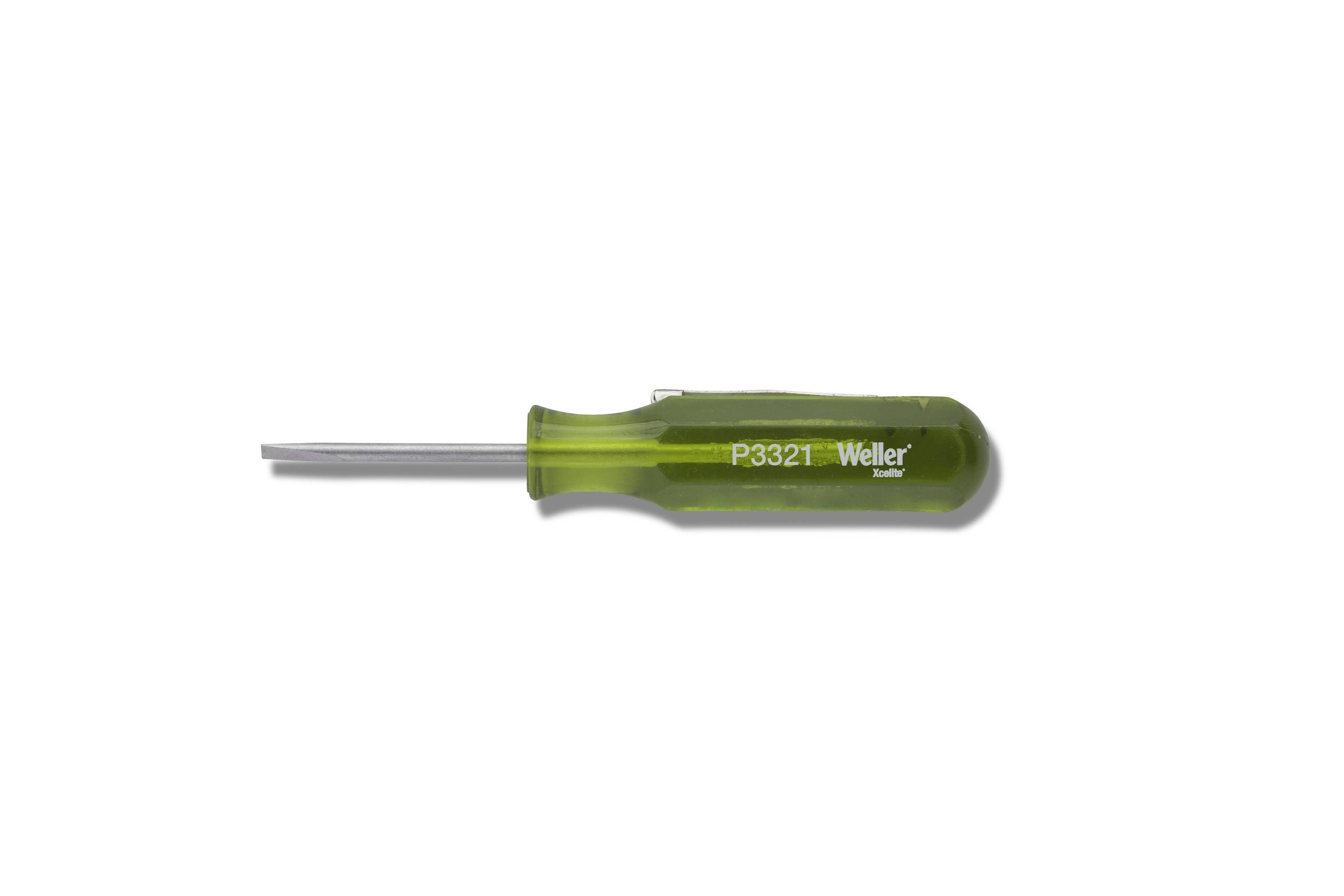 Tournevis à tête plate Weller à manche vert présenté sur fond blanc.