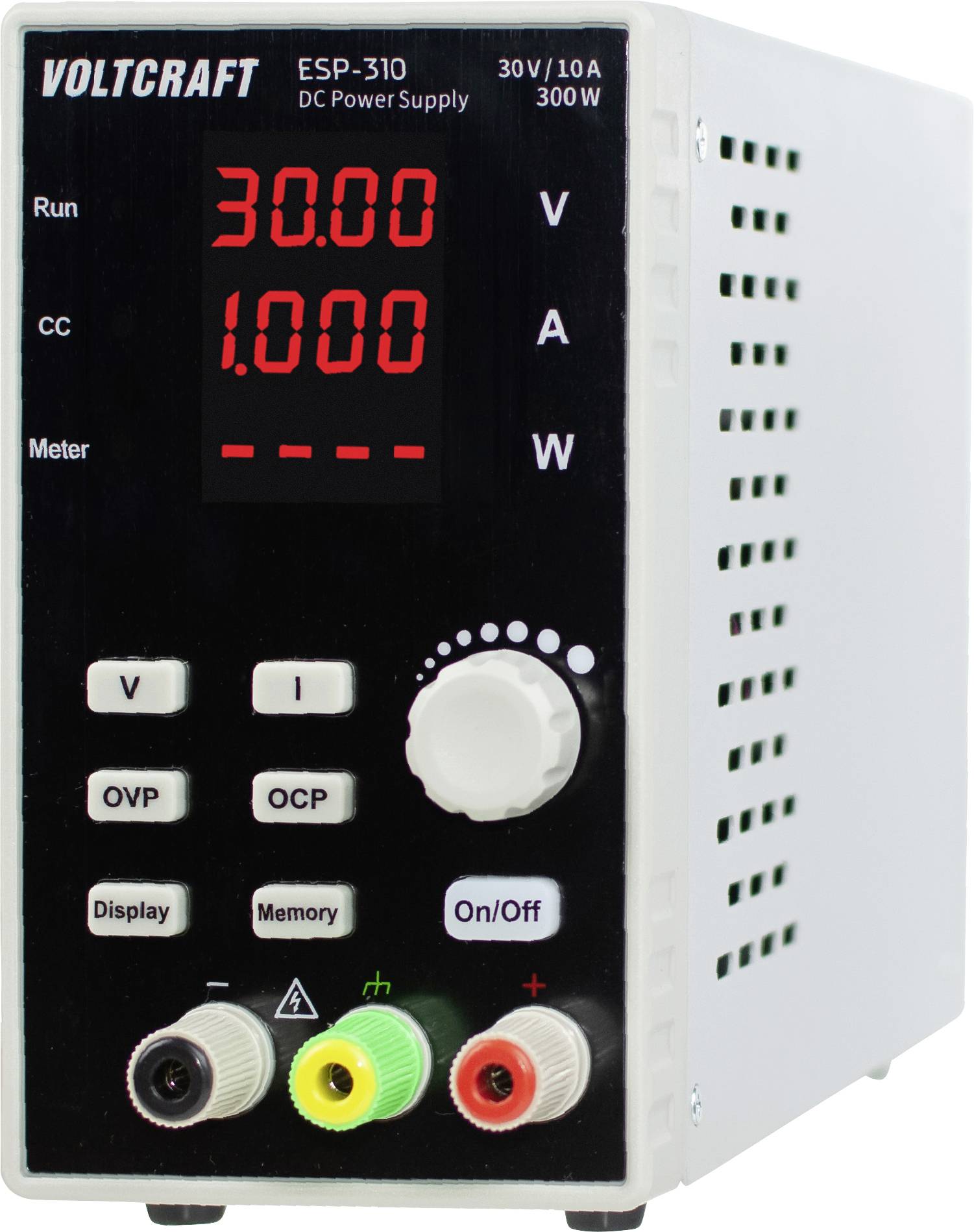 Vue de face d'une alimentation DC VOLTCRAFT ESP-310 affichant 30,00 V et 1,000 A, avec boutons de contrôle, molette de réglage et bornes de sortie.