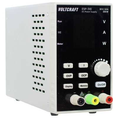Vue de face d'une alimentation CC VOLTCRAFT ESP-310 avec écran, bouton de commande, boutons de fonction et bornes de sortie à code couleur.