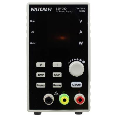 Vue de face d'une alimentation électrique Voltcraft ESP-310 CC avec écran numérique, boutons de contrôle et bornes étiquetées pour la tension, le courant et les watts.