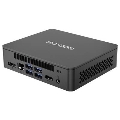 Mini PC noir compact Geekom avec ports USB frontaux, Ethernet et prise audio présentés dans une vue produit en angle.