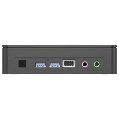 Vue de face d'un appareil noir montrant un interrupteur d'alimentation, deux ports USB 3.0, un connecteur à 4 broches et des prises audio rose et verte.