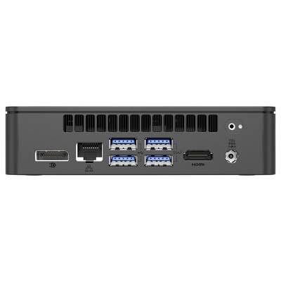 Panneau arrière d'un ordinateur compact montrant un port DisplayPort, une connexion Ethernet, quatre ports USB, un HDMI, une entrée d'alimentation et des ouvertures de ventilation.