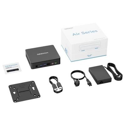 Contenu de l'emballage du mini PC série Air GEEKOM : mini PC, boîte, adaptateur secteur, câbles, plaque de montage et carte de démarrage rapide.