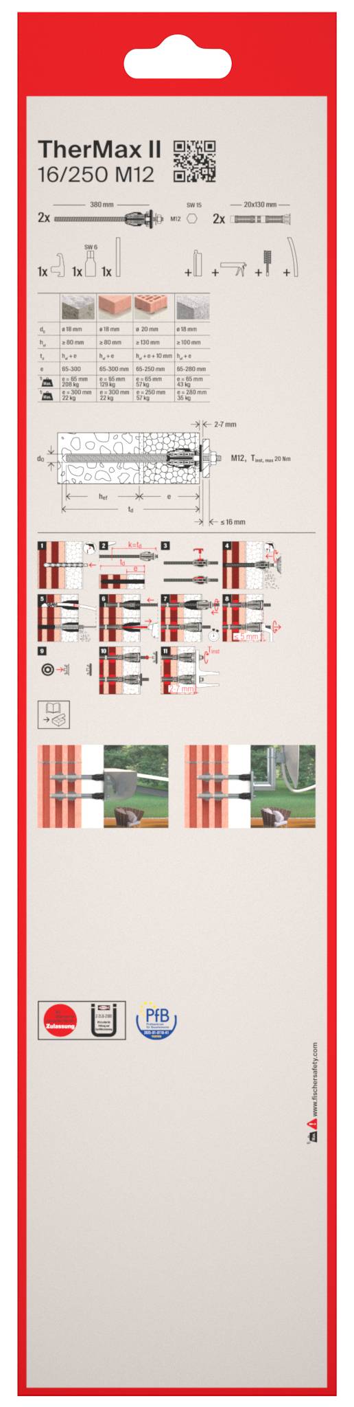 Étiquette de produit TherMax II 16/250 Ml2 avec diagrammes techniques, instructions et illustrations d'installation sur un emballage grand format rouge et blanc.