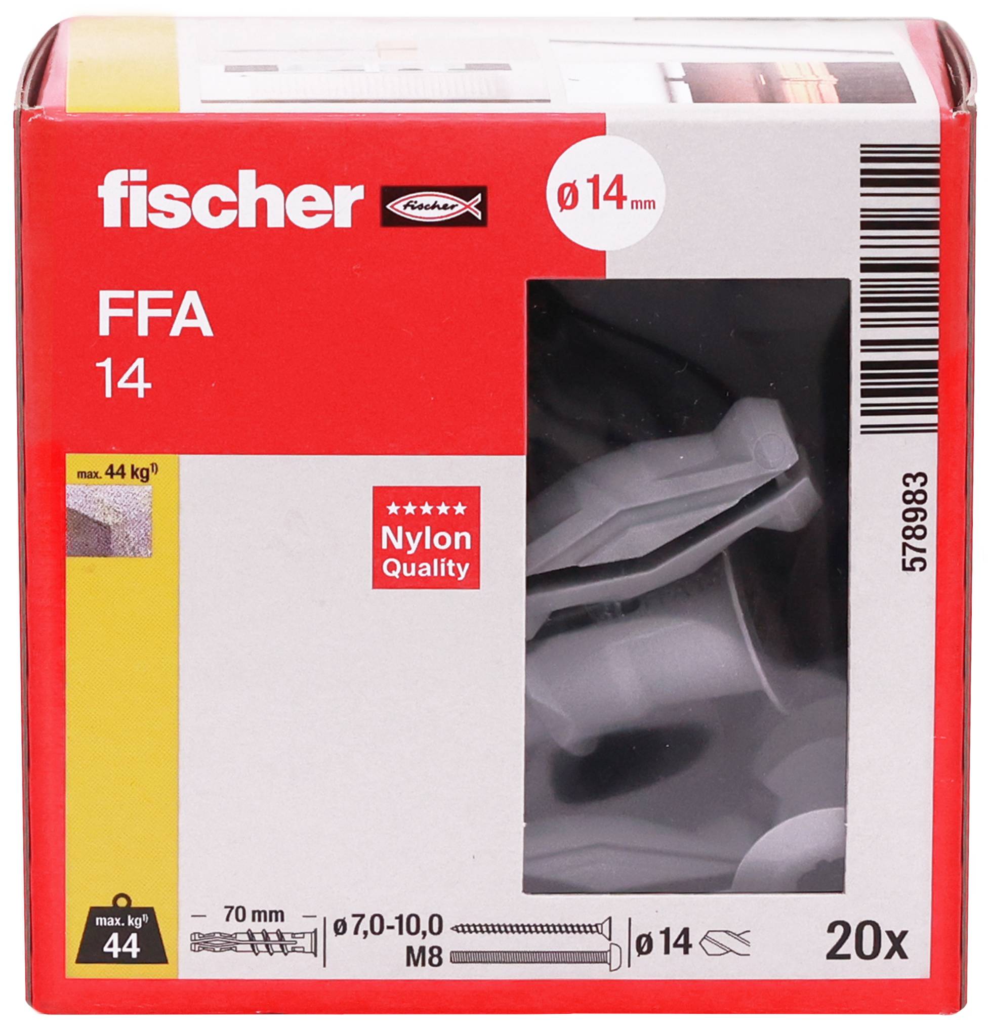 Paquet de chevilles murales en nylon Fischer FFA 14, taille Ø14 mm, 20 pièces, avec fenêtre de présentation montrant les chevilles à l'intérieur.