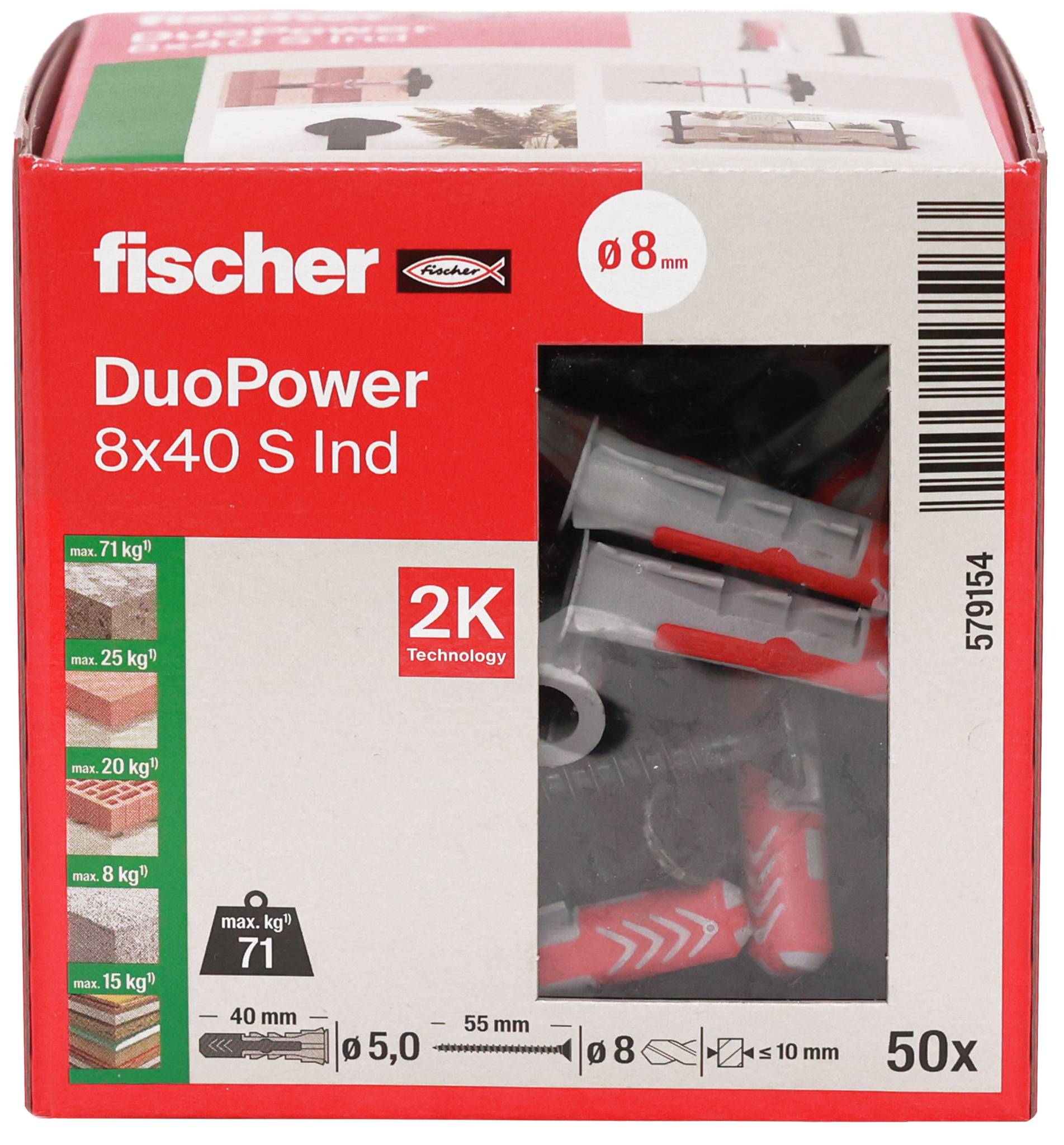 Boîte de chevilles murales fischer DuoPower 8x40 S, 50 pièces, avec taille de foret 8 mm et capacités de charge indiquées sur le devant.