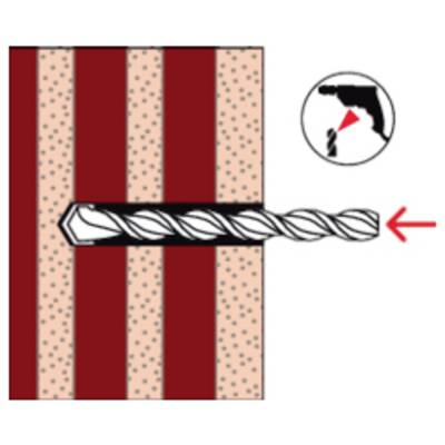 Diagramme d'un foret pénétrant un matériau stratifié par le côté, avec une flèche rouge pointant vers la droite pour indiquer la direction de forage.