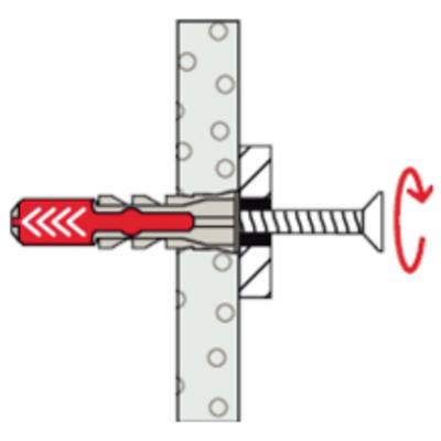 Expansion d'une cheville murale : une vis enfonce un manchon rouge à l'intérieur d'un trou percé dans le mur, dilatant la cheville au fur et à mesure que la vis tourne dans le sens des aiguilles d'une montre.