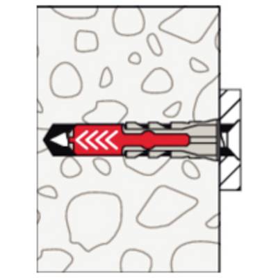 Diagramme de coupe transversale d'une ancre encastrée dans du béton, montrant une cheville d'expansion rouge avec sa manchon s'étendant dans un mur.