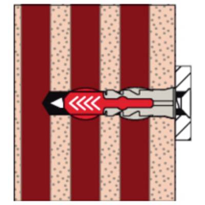 Diagramme d'une ancre murale insérée dans un matériau stratifié, avec une vis serrant l'ancre et la dilatant pour la maintenir en place.