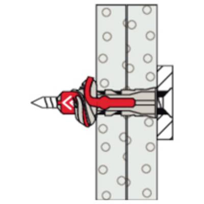 Illustration d'une cheville à vis enfoncée dans un mur, montrant un support de fixation rouge et un dispositif de fixation sécurisant une plaque métallique à la surface.