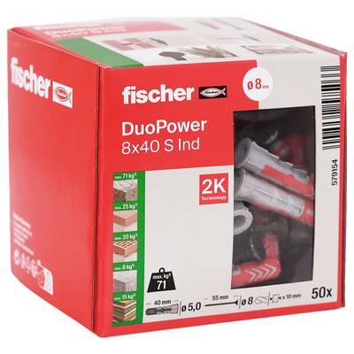 Boîte de chevilles murales Red Fischer DuoPower 8x40 S Ind avec 50 pièces, diamètre de forage 8 mm, et charges de travail imprimées sur le devant.