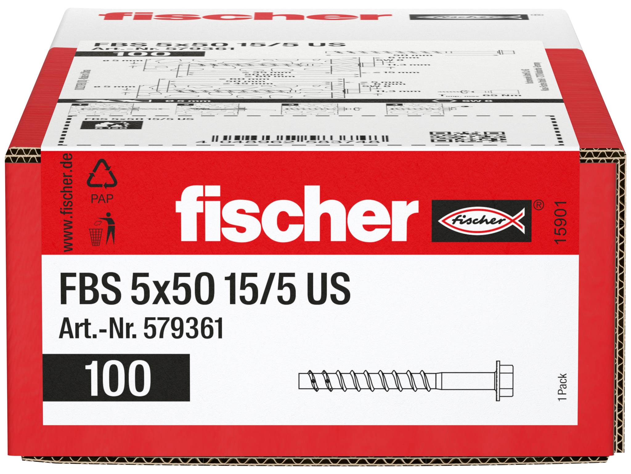 Boîte de vis Fischer FBS 5x50 15/5 US, paquet de 100, avec code produit 579361 et schéma de vis.