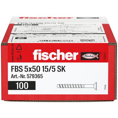 Boîte Fischer de 100 vis à béton FBS 5x50 15/5 SK, N° art. 579365, avec illustration du produit sur le devant.