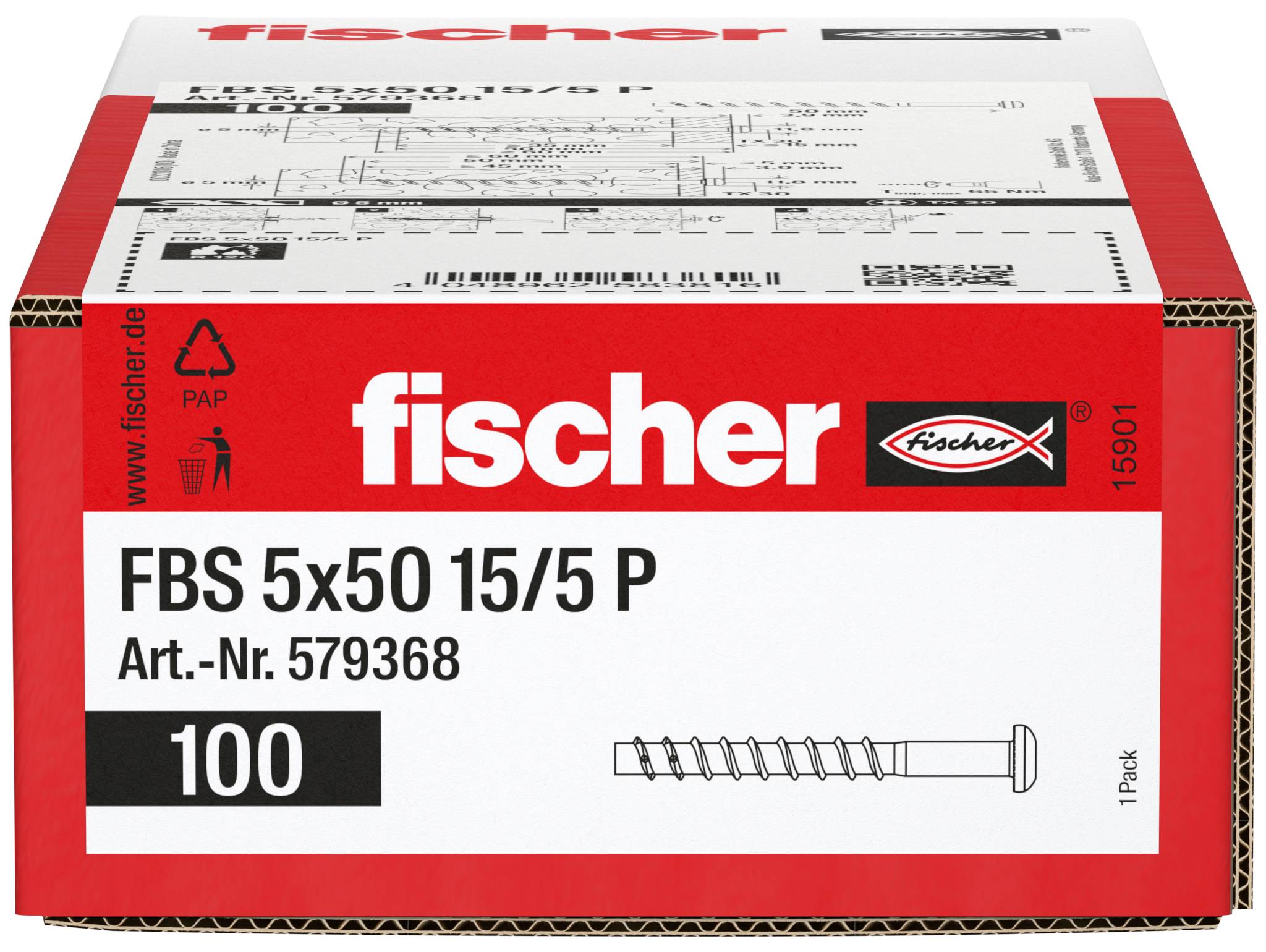 Boîte de vis Fischer FBS 5x50 15/5 P, référence Art.-Nr. 579368, paquet de 100.