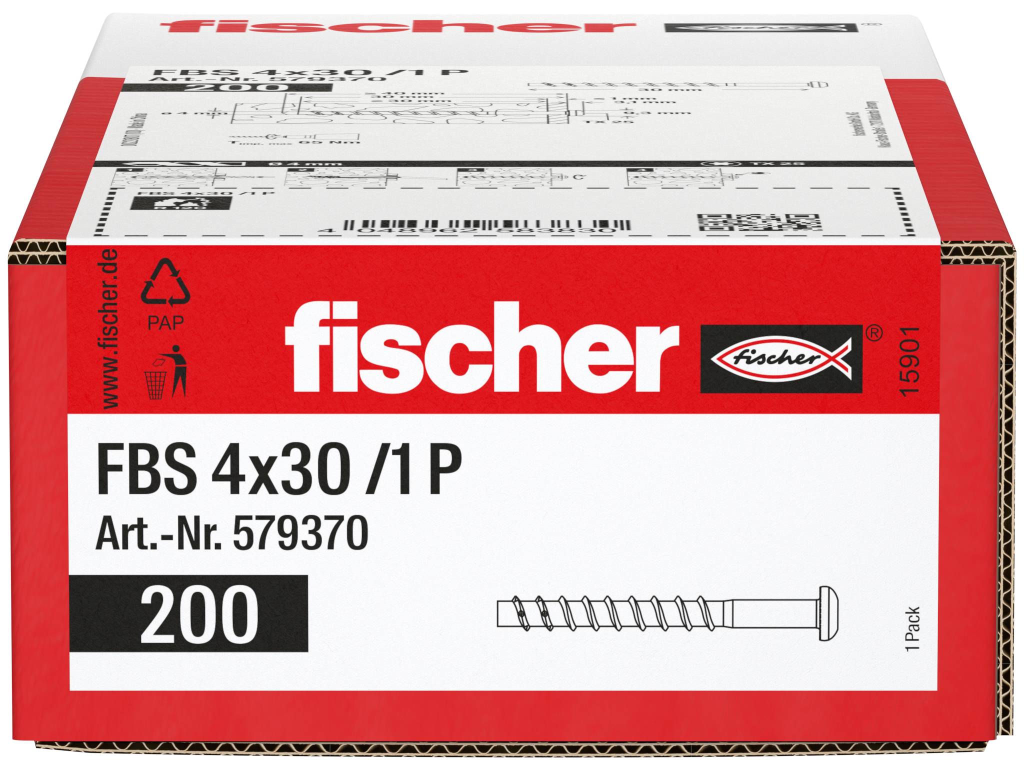 Une boîte Fischer de chevilles FBS 4x30/1 P, référencée Art.-Nr. 579370, paquet de 200, avec une illustration de vis.