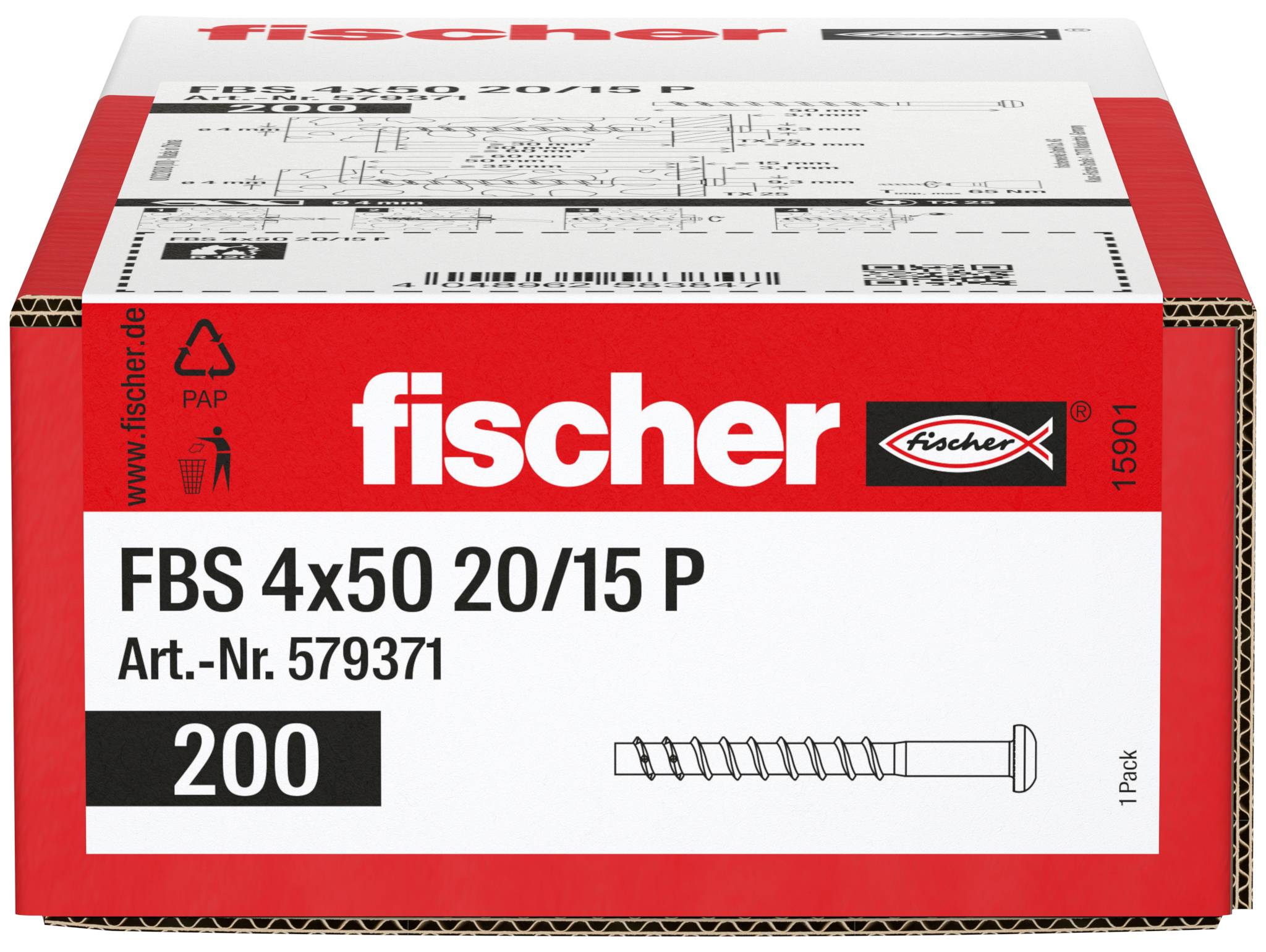 Paquet de vis Fischer FBS 4x50 20/15 P, Numéro d'article 579371, emballage de 200, avec illustration de vis sur la face avant.
