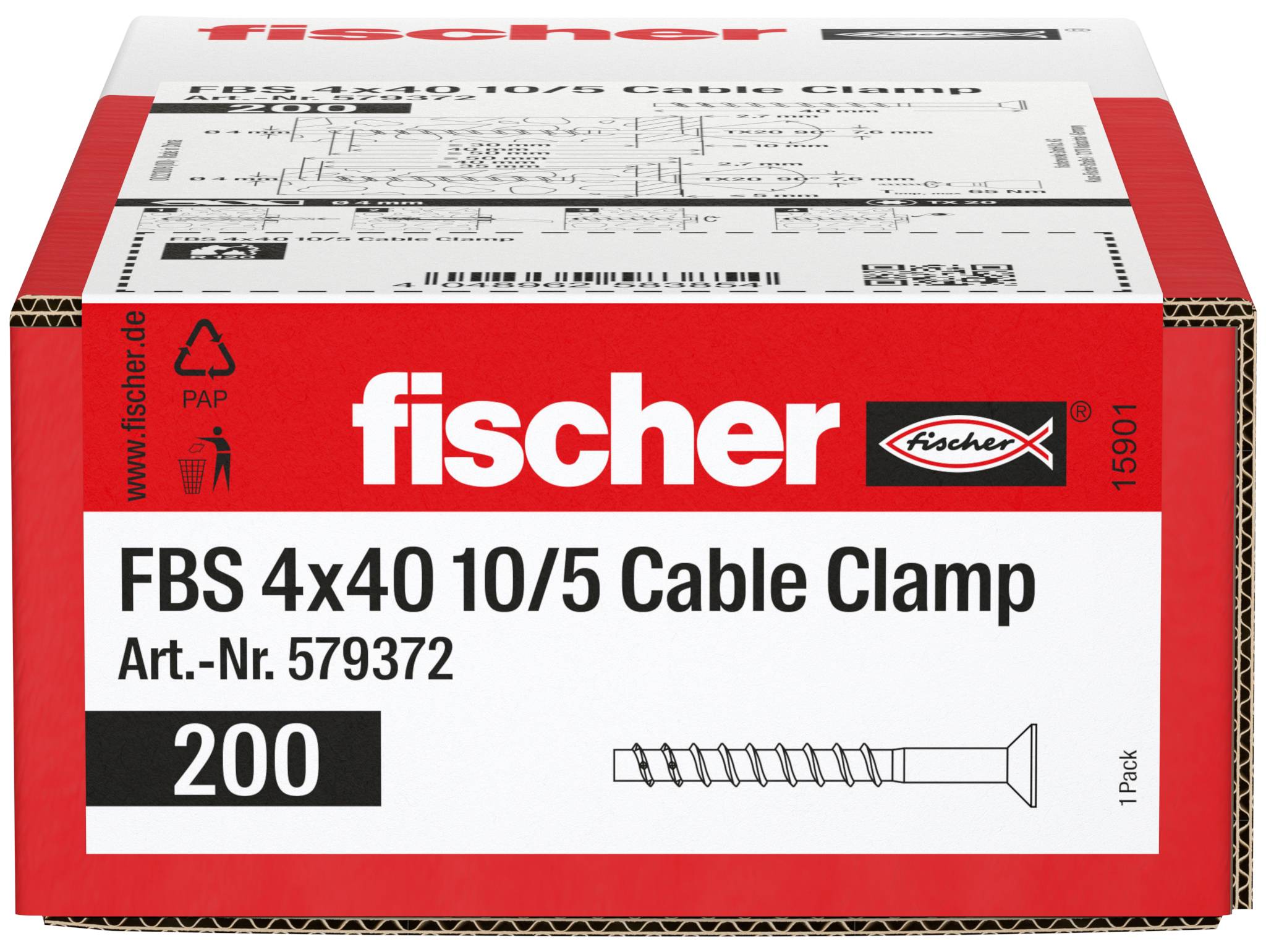 Boîte de serre-câbles Fischer FBS 4x40 10/5, paquet de 200, avec illustration du produit et numéro d'article 579372.