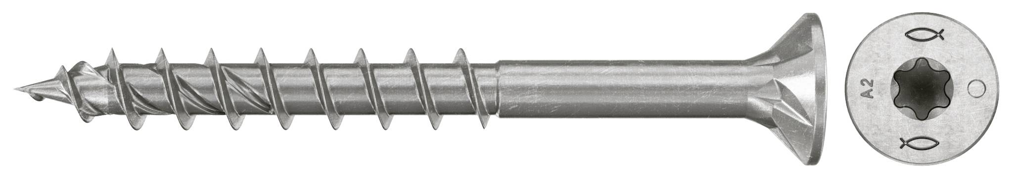 Une vis en métal avec une tête de commande en forme d'étoile présentée vue de côté et vue de dessus, utilisée pour fixer des matériaux.