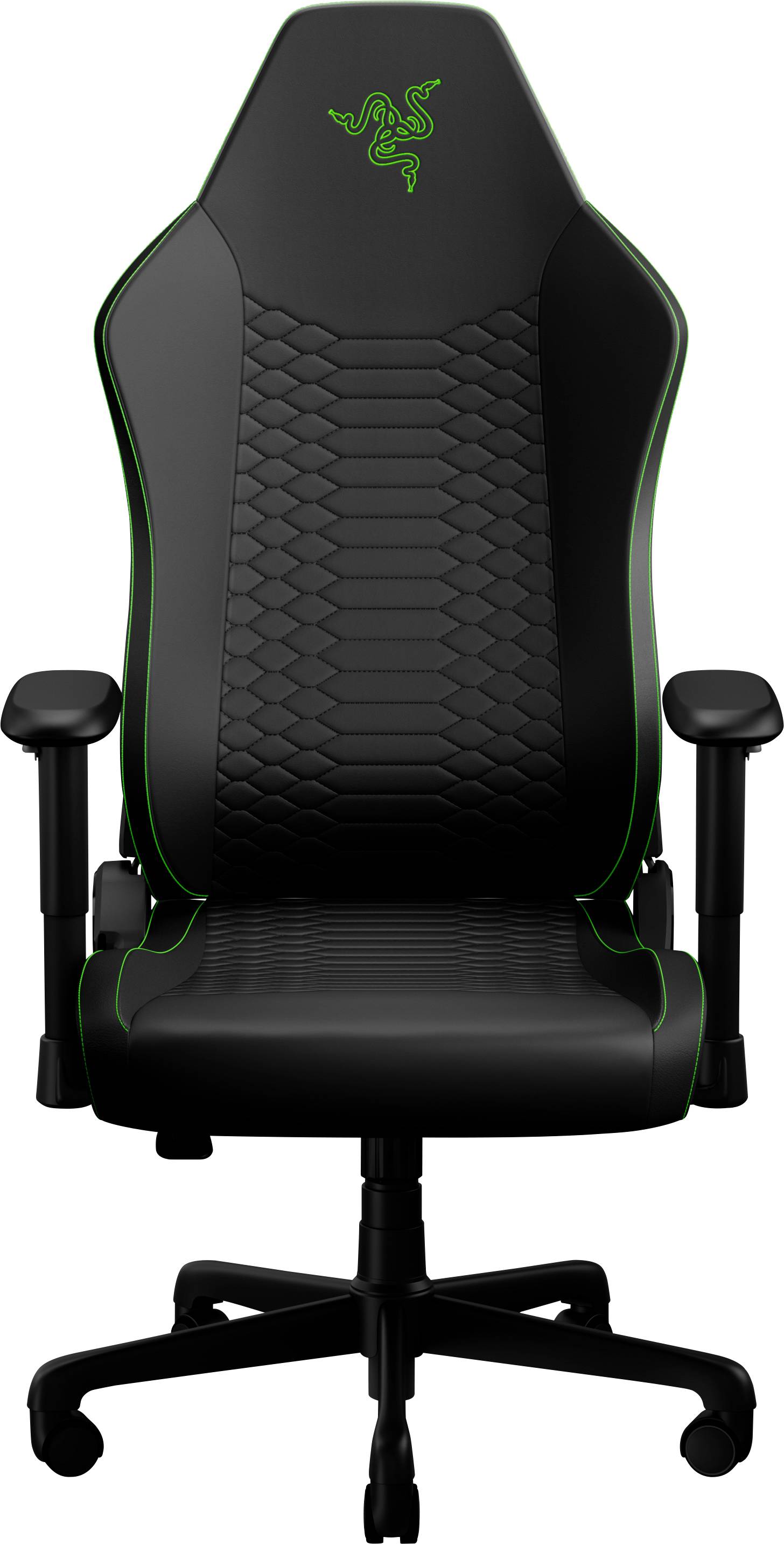 Chaise de jeu Razer noire avec détails verts, logo sur l'appui-tête, siège rembourré et accoudoirs rembourrés, montré en vue de face sur un fond blanc