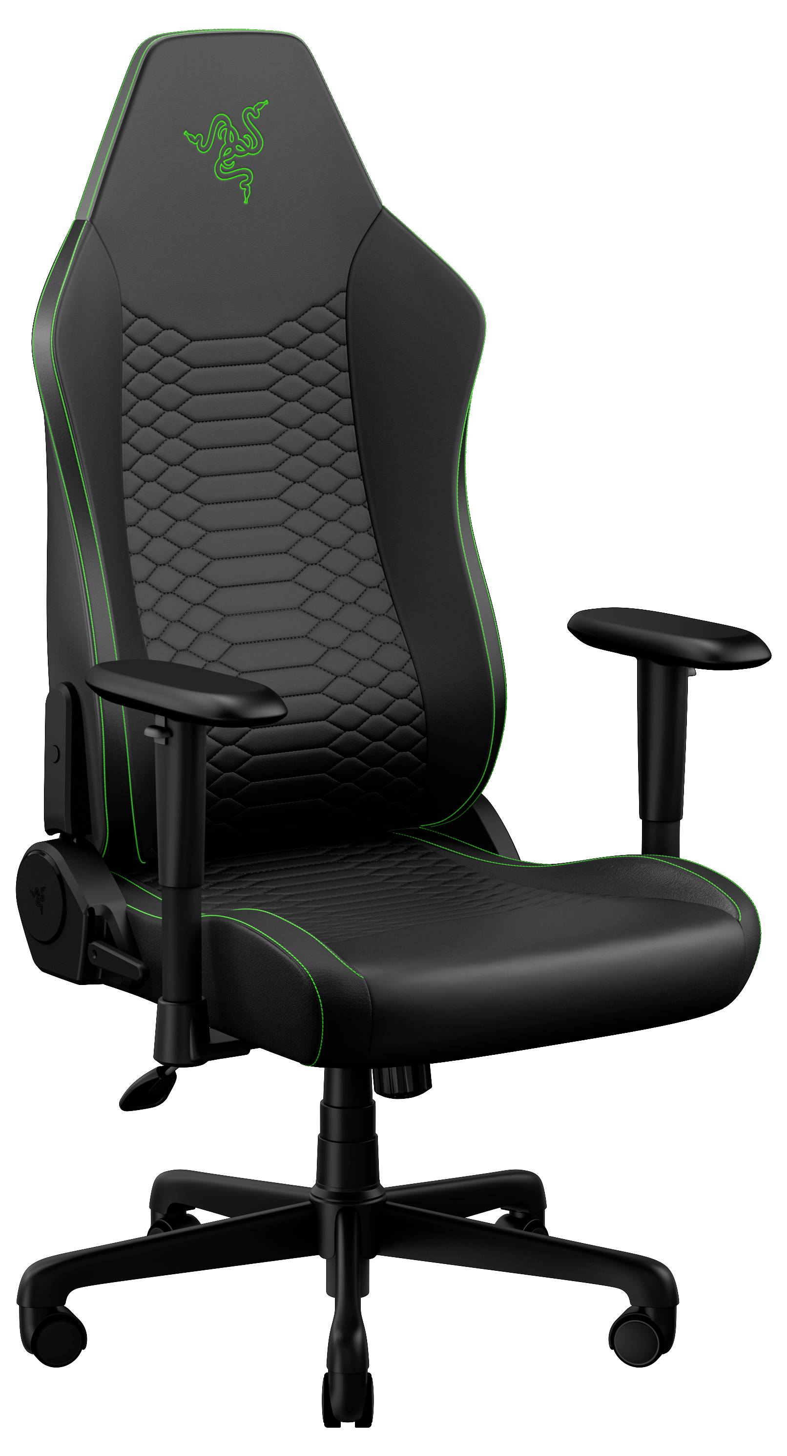 Chaise de jeu Razer noire et verte avec siège et dossier rembourés, accoudoirs réglables et base à cinq roulettes sur fond blanc