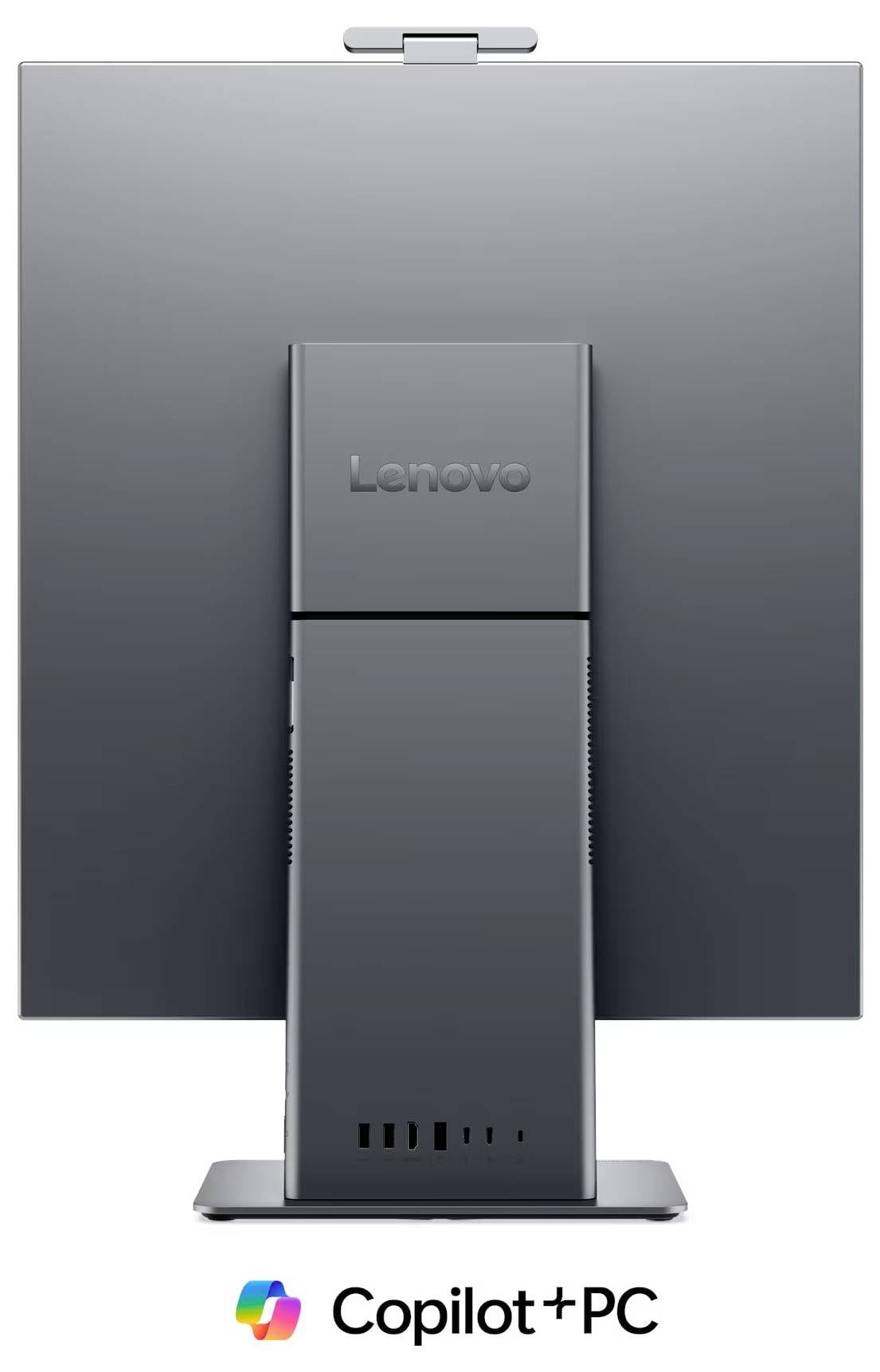 Vue arrière d'un moniteur Lenovo avec une mini tour Copilot+ PC accouplée sur le support, affichée avec le logo Copilot+ PC ci-dessous.