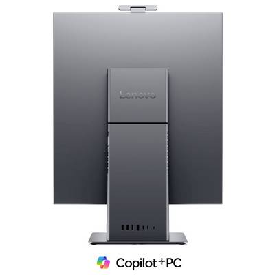 Vue arrière d'un moniteur Lenovo avec une mini tour Copilot+ PC accouplée sur le support, affichée avec le logo Copilot+ PC ci-dessous.