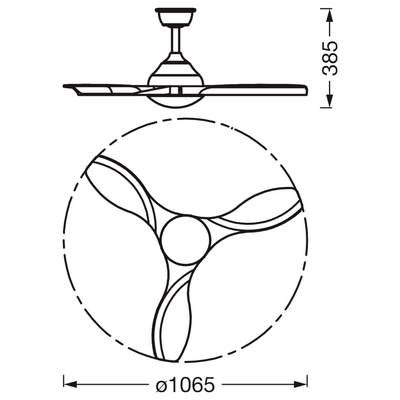 Schéma de ventilateur de plafond montrant une hauteur de 385 mm et un diamètre de 1065 mm, avec trois pales à l'intérieur d'une zone de balayage circulaire en pointillés.