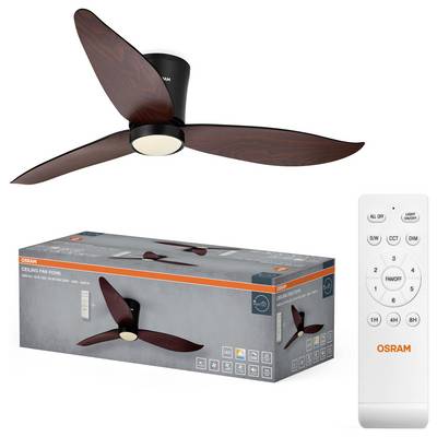 Ventilateur de plafond avec trois pales en bois foncé, sa boîte de vente au détail, et une télécommande OSRAM blanche.