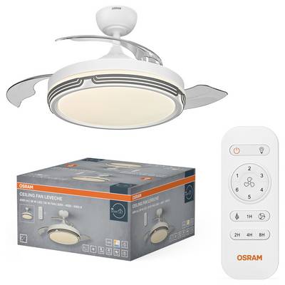 Ventilateur de plafond OSRAM avec lumière LED et télécommande, présenté avec sa boîte de produit sur un fond blanc.