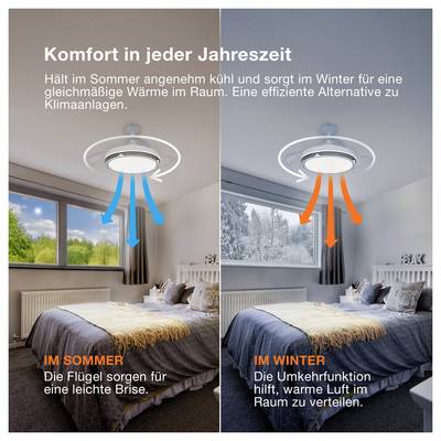 Annonce split-room montrant un ventilateur de plafond pour le confort toute l'année : circulation d'air frais en été et circulation d'air chaud en hiver, avec texte en français « Confort en toute saison ».