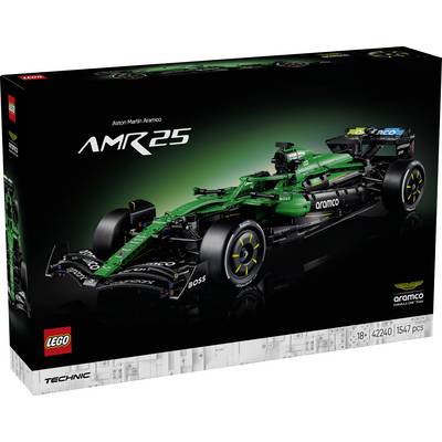 Boîte LEGO Technic Aston Martin Aramco AMR25 Formule 1, art de boîte montrant une voiture de course verte et noire sur fond noir, 18+ et 1547 pièces.