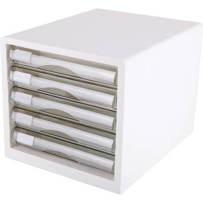 Unité de rangement en plastique blanc avec quatre tiroirs extractibles à façade transparente, présentée en angle sur un fond neutre.