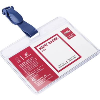 Porte-badge en plastique transparent avec clip bleu et insert rouge étiqueté « NAME BADGE » et « deli START ».
