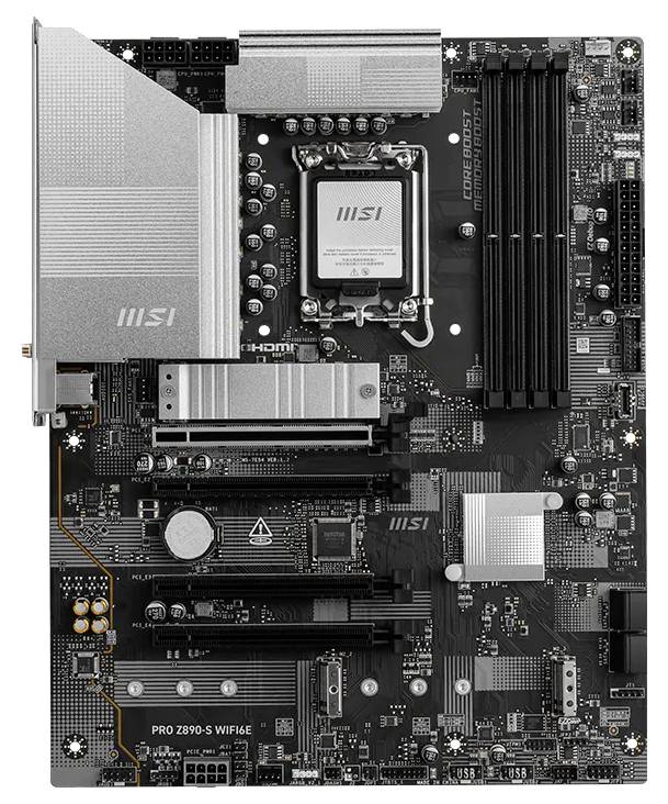 Carte mère MSI PRO Z890-S WIFI6E, montrant le socket CPU, les emplacements RAM, les emplacements PCIe, les dissipateurs thermiques et les connecteurs d'alimentation.