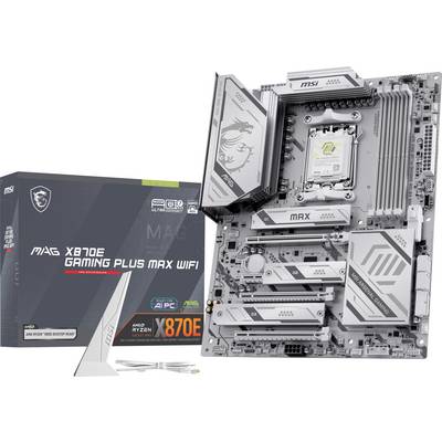 Carte mère MSI MAG X870E Gaming Plus Max WiFi présentée à côté de sa boîte de vente au détail, mettant en évidence la carte ATX, le socket AM5 et les multiples emplacements PCIe et RAM.