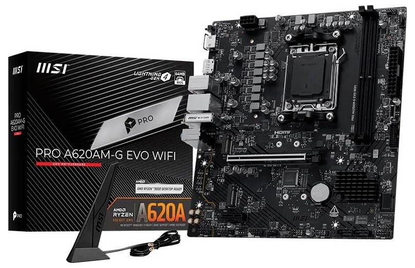 Carte mère MSI PRO A620AM-G EVO WIFI présentée avec sa boîte de vente au détail et l'antenne Wi‑Fi incluse, compatible avec les processeurs AMD Ryzen 7000/8000/9000.
