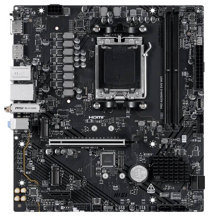 Vue de dessus d'une carte mère d'ordinateur MSI noire avec socket CPU, emplacements RAM, emplacements PCIe, connecteurs et dissipateurs thermiques.
