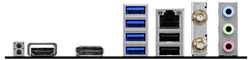 Gros plan du panneau d'E/S arrière d'une carte mère d'ordinateur avec des prises audio, des ports USB, Ethernet, des ports vidéo et des connecteurs USB 3.0 bleus empilés.