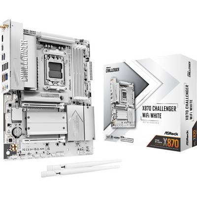 Carte mère ASRock X870 Challenger WiFi Blanche présentée avec sa boîte de vente au détail et deux antennes blanches.