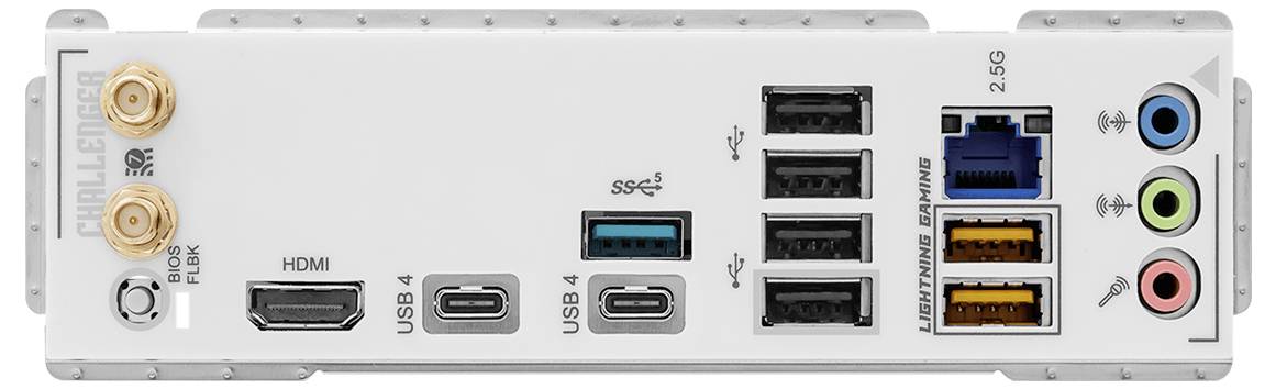 Panneau d'entrée/sortie arrière de carte mère d'ordinateur avec ports HDMI, USB-C, USB-A, Ethernet et prises audio codées par couleur.