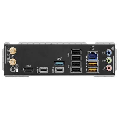 Panneau arrière d'une carte mère de bureau avec des ports identifiés pour HDMI, USB 3.2, USB-C, Ethernet, prises audio et connecteurs d'antenne.