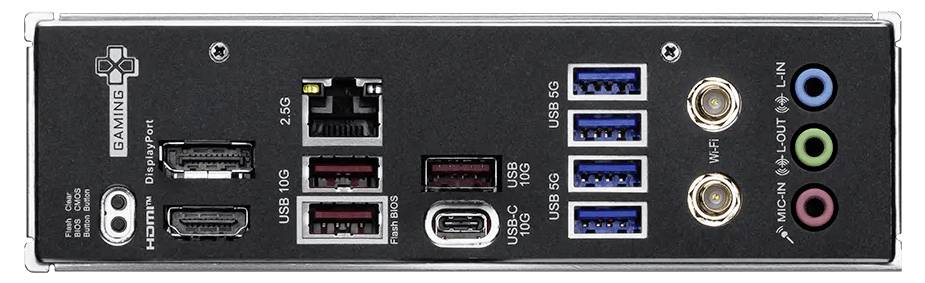 Panneau E/S arrière d'une carte mère de jeu avec des ports étiquetés LAN Gaming, HDMI, PS/2, USB 3.0, USB 2.0, USB 3.1, antenne Wi-Fi et prises audio.