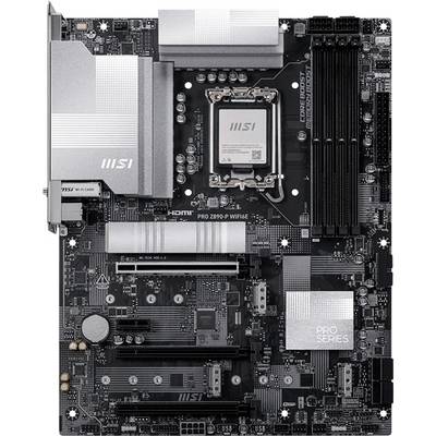 Carte mère MSI série PRO au format ATX avec socket pour processeur Intel, quatre emplacements RAM, plusieurs emplacements PCIe et de grands dissipateurs thermiques argentés.