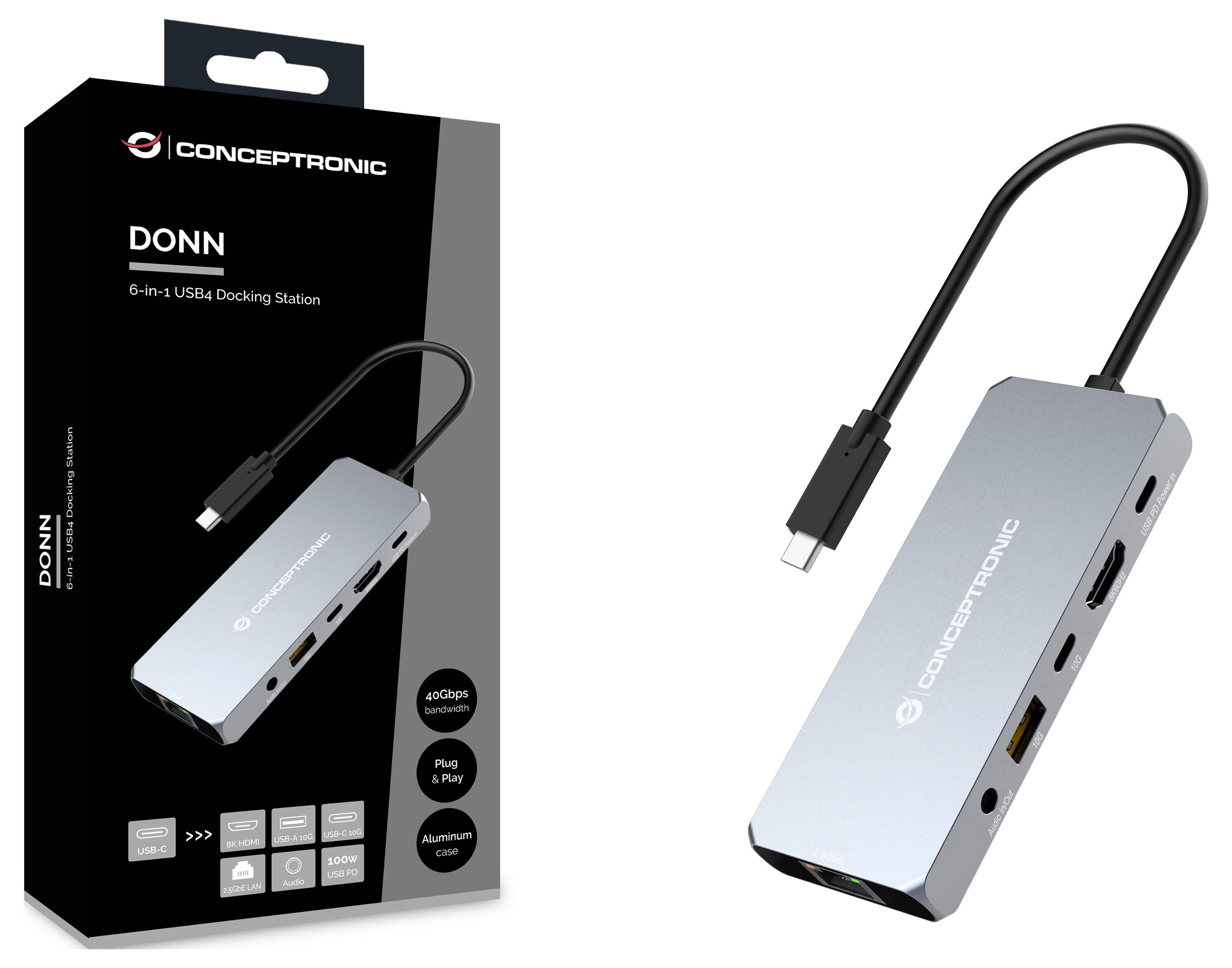 Station d'accueil Concepttronic DONN 6-en-1 USB4 présentée sur l'emballage et en tant que hub argenté avec câble USB-C attaché.